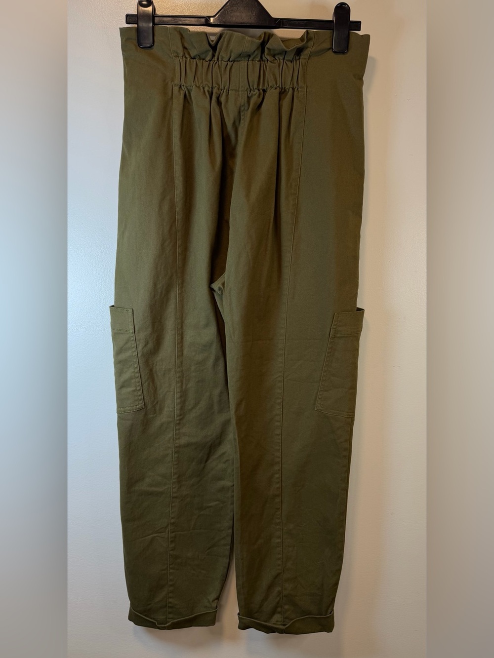 River Island Olive Cargo Pants Paper Bag elastic waist clean front Women’s 10 - Picture 2 of 8